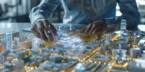Close-up of a tech entrepreneur showcasing a smart infrastructure prototype, high-resolution, high-definition (HD), ultra high-definition (UHD), professional-grade