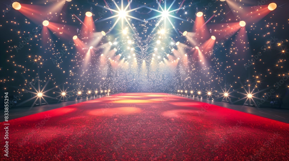 Bright stage with colorful spotlights shining on empty red carpet ...