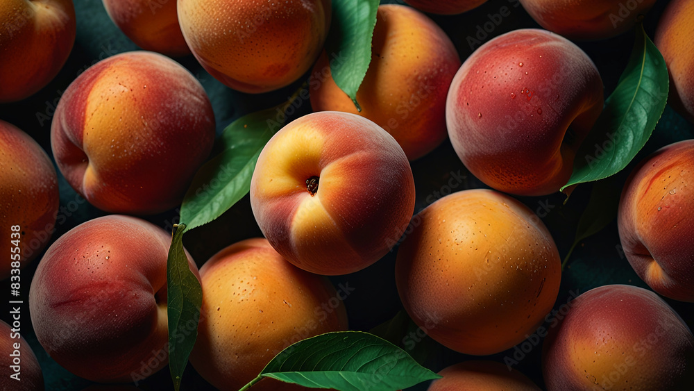 Background of ripe fragrant peaches with green leaves, closeup with top view. Concept of fresh fruits, harvesting Background of ripe fragrant peaches with green leaves, closeup with top view. Concept of fresh fruits, harvesting