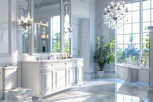 Luxurious white bathroom with elegant chandeliers  large mirrors  and natural light from tall windows  decorated with plants and stylish fixtures.