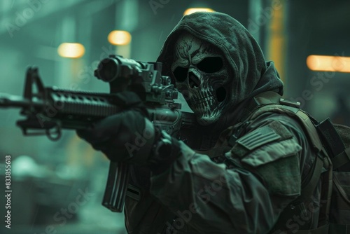Skeletonmasked soldier aiming an assault rifle, abandoned factory in the background, dramatic lighting, cyberpunk, high detail © Boonanan