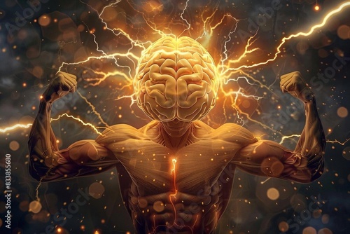 A brain with strong, muscular arms, each muscle group clearly outlined, standing in a heroic pose, surrounded by lightning and energy bursts