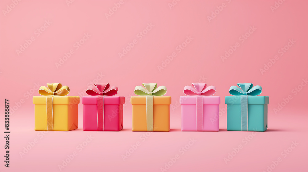 Group of colorful presents, 3d placed side by side, starting from the smallest one to the biggest one, on pink background Group of colorful presents, 3d placed side by side, starting from the smallest one to the biggest one, on pink background
