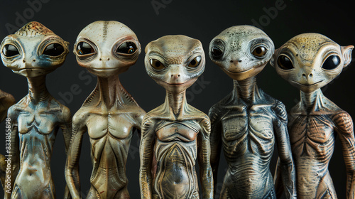 Close-up of five diverse, textured alien faces against a black background. photo