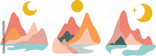 Abstract Dunes Hills Sunrise Sunset River Lake Ocean Landscape Vector Illustration