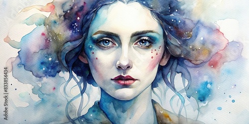 Watercolor portrait of a person with intricate makeup , aesthetic, artistic, beauty, watercolor, portrait, close-up, detailed, colorful, cosmetics, design, abstract, creative, fashion, face © artsakon