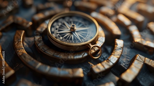 An imaginative 3D illustration of a leader with a compass in hand, navigating through a maze, representing the challenges and decisions faced in leadership.