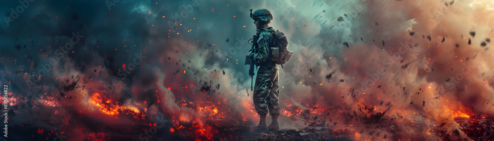 A soldiers profile merged with a battlefield, symbolizing farewells and duty. Ideal for military remembrance ads. Photo realistic concept. A soldiers profile merged with a battlefield, symbolizing farewells and duty. Ideal for military remembrance ads. Photo realistic concept.