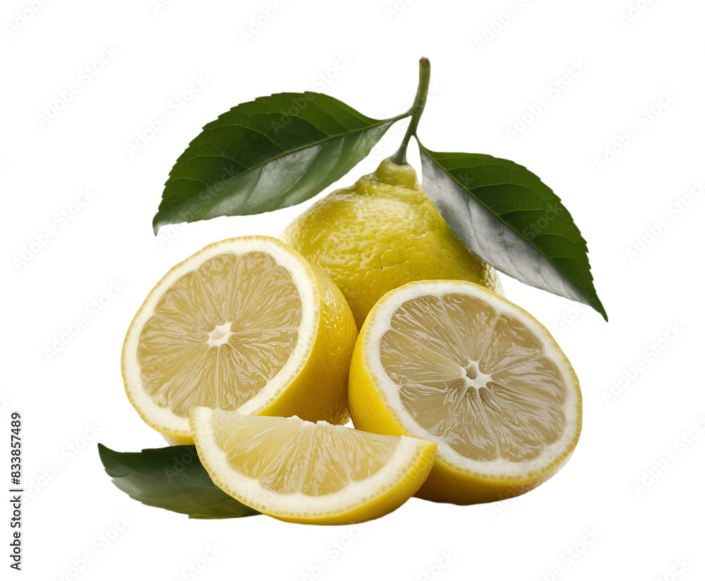 Lemon fruit with leaf isolate. Lemon whole, half, slice, leaves on white. Lemon slices with zest isolated on transparent background Ai generative. Lemon fruit with leaf isolate. Lemon whole, half, slice, leaves on white. Lemon slices with zest isolated on transparent background Ai generative.