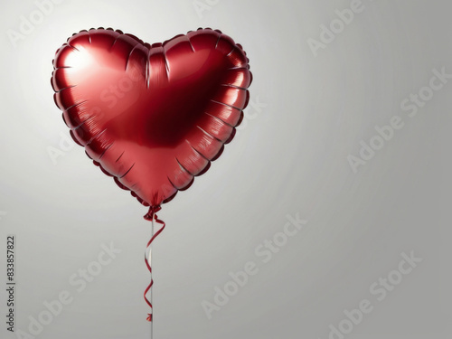 A red heart-shaped foil balloon with a shiny surface, floating against a gray background.