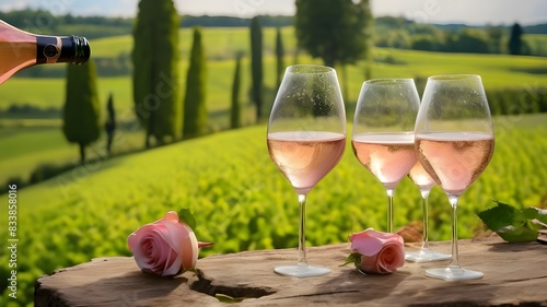 Pouring of premier cru sparkling rose wine with bubbles champagne with view on green pinot noir meunier vineyards of Hautvillers France photo