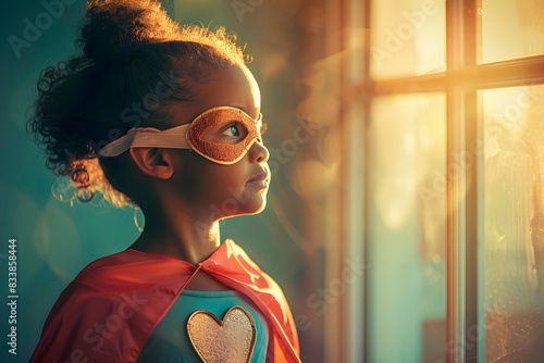 Portrait of an African-American little girl dressed as a superhero looking up to an open window. Generative Ai.