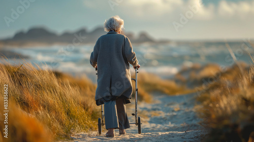 Elderly woman with a walker on a coastal path, facing the camera. photo