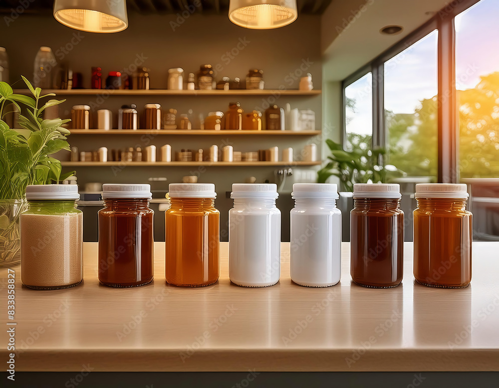 Supplements prepared with herbs and placed in amber plastic bottles stand on the desk front of a phytotherapy shop Supplements prepared with herbs and placed in amber plastic bottles stand on the desk front of a phytotherapy shop