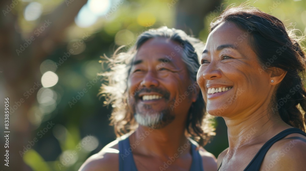 A joyful couple possibly of Asian descent smiling and looking to the side enjoying a moment together in a natural setting with sunlight filtering through the trees. A joyful couple possibly of Asian descent smiling and looking to the side enjoying a moment together in a natural setting with sunlight filtering through the trees.
