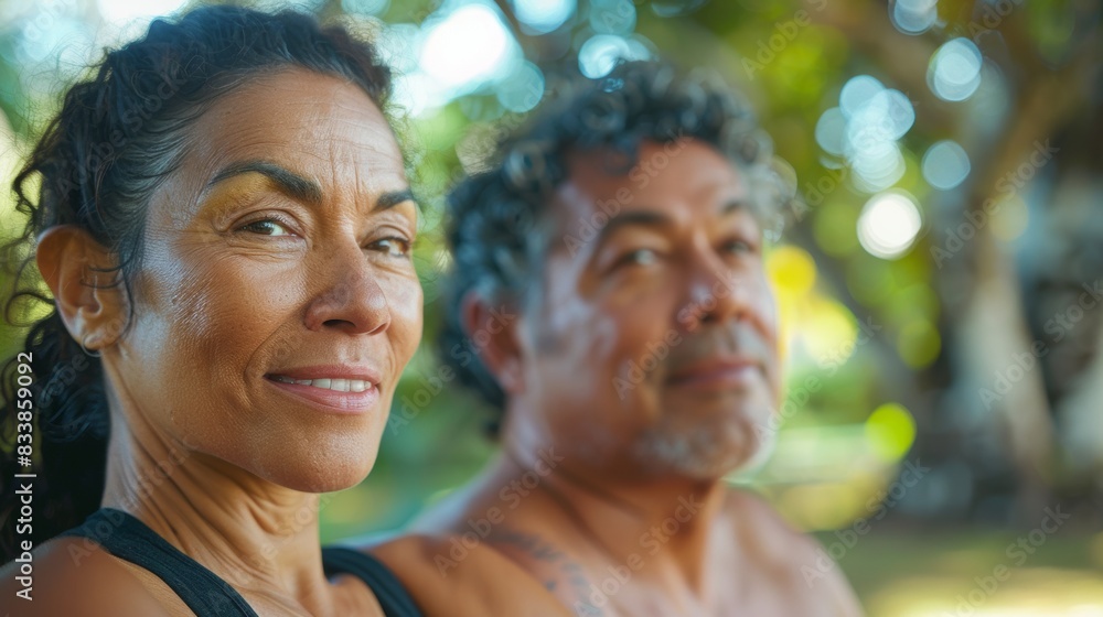 A man and woman smiling at the camera with a blurred background of trees and sunlight suggesting a warm outdoor setting. A man and woman smiling at the camera with a blurred background of trees and sunlight suggesting a warm outdoor setting.