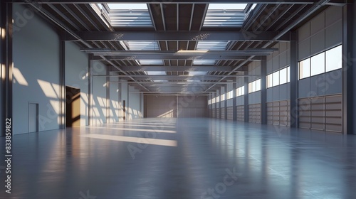 Spacious Modern Warehouse Interior with Natural Light and High Ceilings