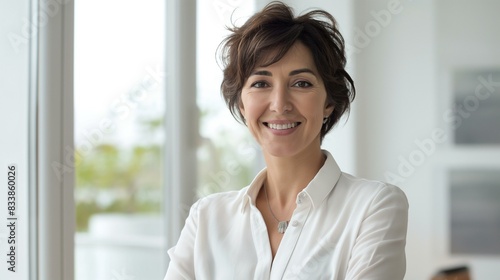 Free Download Confident Businesswoman Smiling Indoors in Modern Office Environment - GFXLoad