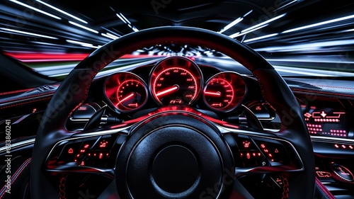 Dynamic speedometer glowing with vivid red needle against black