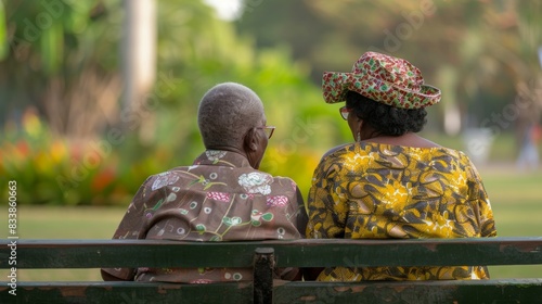 Two elderly women sitting on a park bench engaged in conversation wearing colorful patterned clothing and hats enjoying a sunny day in a lush park.