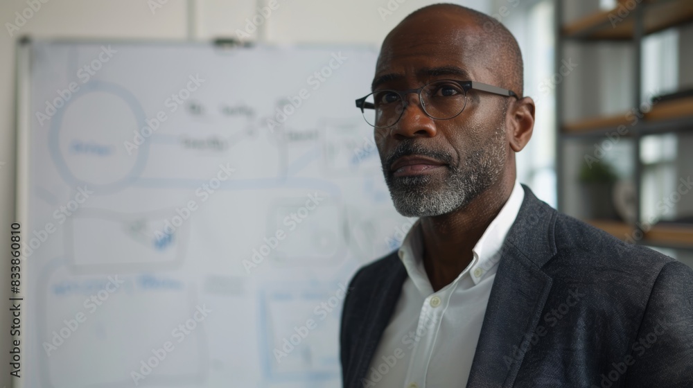 A man with a beard and glasses wearing a suit standing in front of a whiteboard with diagrams and text. A man with a beard and glasses wearing a suit standing in front of a whiteboard with diagrams and text.