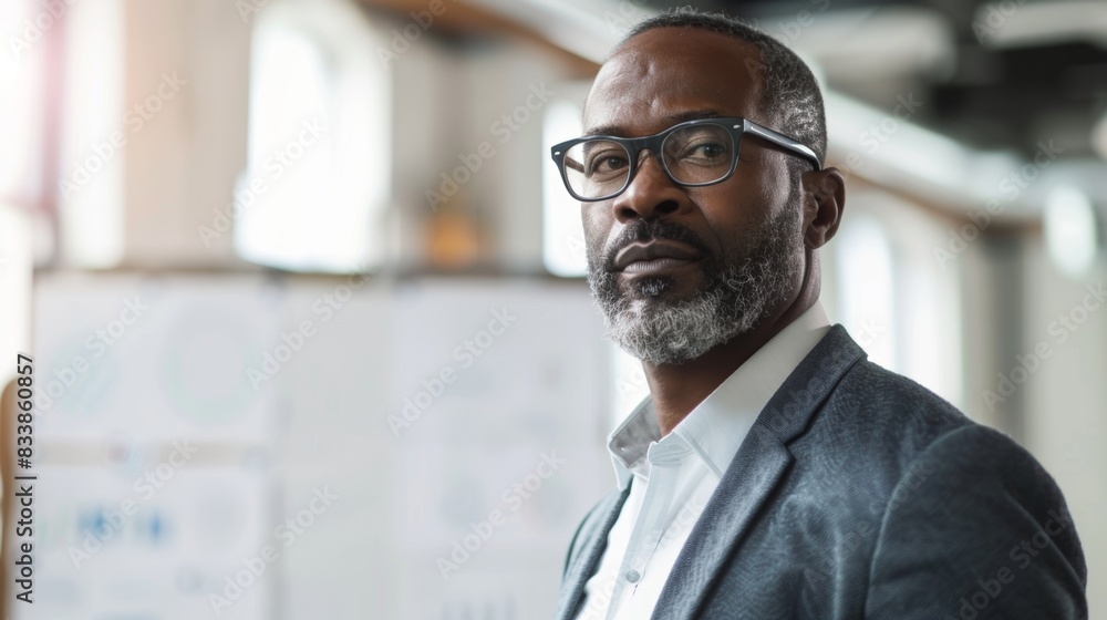 Fototapeta premium A man with a beard and glasses wearing a suit standing in an office with a thoughtful expression.