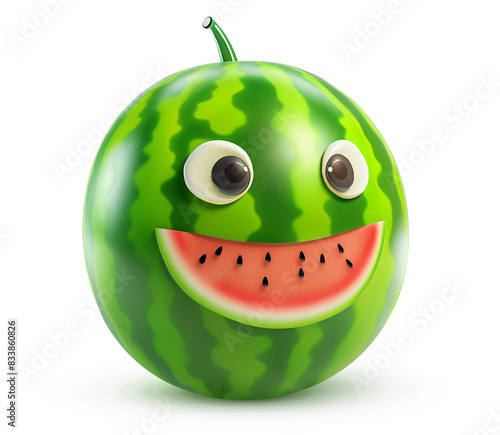 Smiling watermelon character with expressive eyes and a slice for a mouth on white