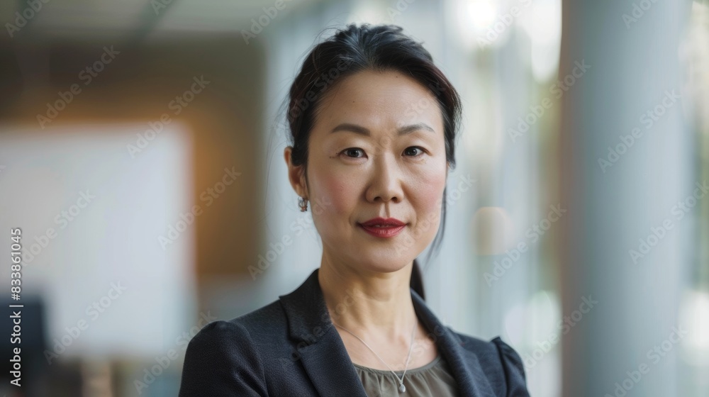 Asian woman with dark hair wearing a black blazer smiling and looking directly at the camera set against a blurred indoor background. Asian woman with dark hair wearing a black blazer smiling and looking directly at the camera set against a blurred indoor background.
