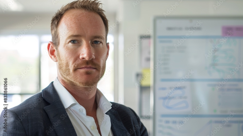 A man with a beard and short hair wearing a dark suit and a white shirt standing in an office with a whiteboard in the background.