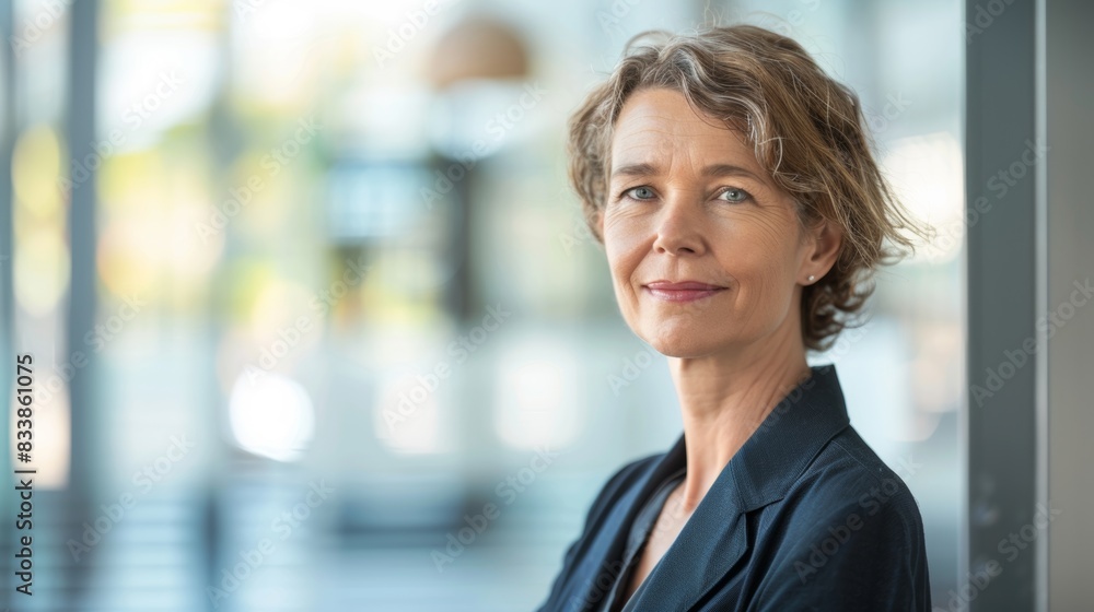 A professional woman with short hair wearing a dark blazer standing in a modern office with large windows smiling at the camera. A professional woman with short hair wearing a dark blazer standing in a modern office with large windows smiling at the camera.