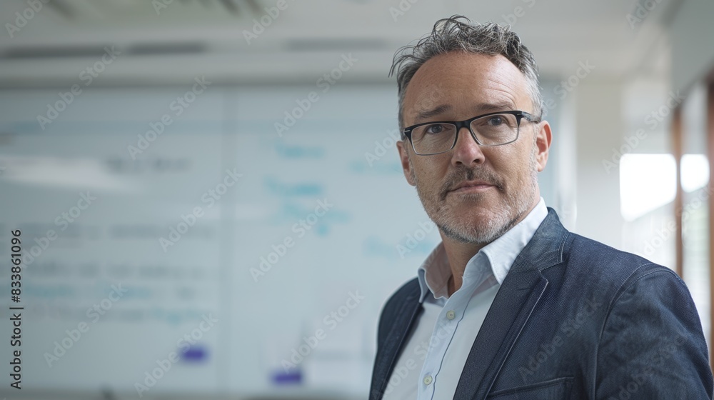 A man with glasses and a beard wearing a blue suit standing in front of a whiteboard with writing on it. A man with glasses and a beard wearing a blue suit standing in front of a whiteboard with writing on it.