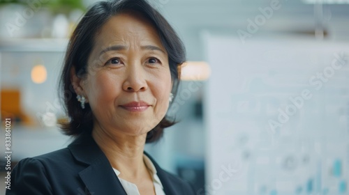 Asian woman with short hair wearing a black blazer and a white shirt smiling at the camera in an office setting with blurred background. photo