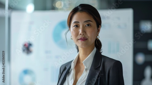 Free Download Asian woman in business attire poised with confidence standing in front of a presentation board with graphs and charts. - GFXLoad