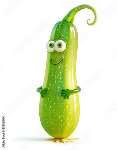 Happy zucchini character with eyes and small limbs on white background
