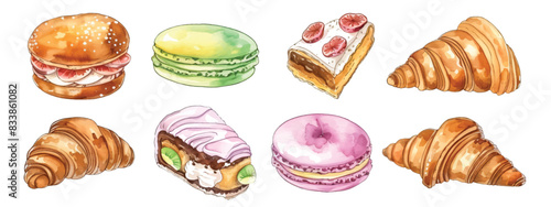 Set collection of hand drawn watercolor desserts pastries sweet bakery