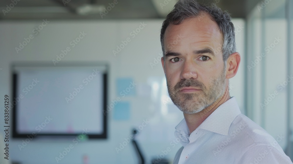 A man with a beard and gray hair wearing a white shirt standing in an office with a whiteboard in the background.