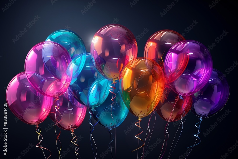 A bunch of colorful balloons are floating in the air. The balloons are of different colors and sizes, creating a vibrant and lively atmosphere. Concept of celebration and joy A bunch of colorful balloons are floating in the air. The balloons are of different colors and sizes, creating a vibrant and lively atmosphere. Concept of celebration and joy