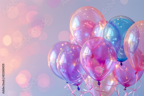 A bunch of colorful balloons are floating in the air. The balloons are pink, blue, and purple, and they are all different sizes. The balloons are arranged in a way that creates a sense of movement