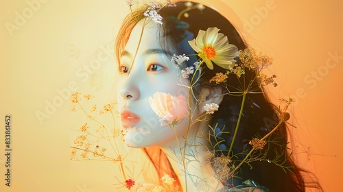 Young Asian Korean Girl with Floral Double Exposure on Orange Canvas