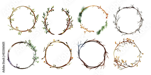 Set collection of hand drawn watercolor wreath branches twigs forming circular frames decoration for wedding invitations and greeting cards