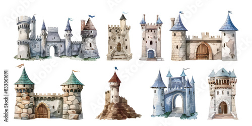 Set collection of various hand drawn watercolor historical medieval castles fortress , fortification,fairy tale whimsy illustration
