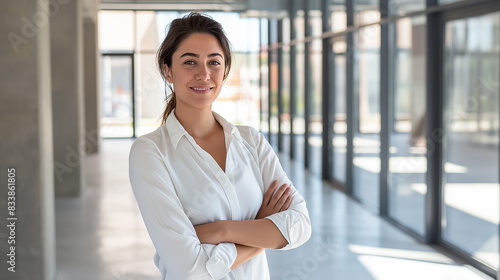 Portrait of a beautiful woman real estate agent in a white shirt standing with arms crossed looking at the camera