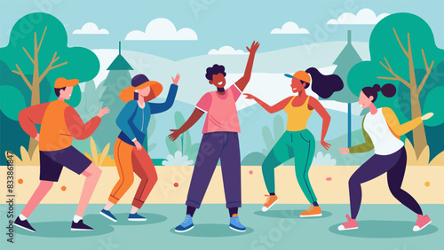A lively group of dancers come together for a hiphop dance class in the park the music blasting and their movements electrifying.. Vector illustration