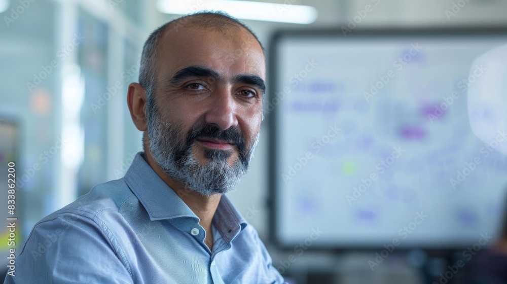 A man with a beard and mustache wearing a blue shirt sitting in front of a whiteboard with diagrams and text. A man with a beard and mustache wearing a blue shirt sitting in front of a whiteboard with diagrams and text.