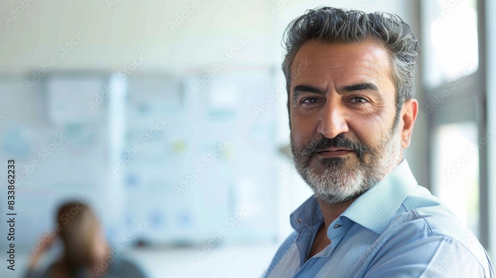 Fototapeta premium A man with a beard and gray hair wearing a blue shirt standing in an office environment with a window in the background.