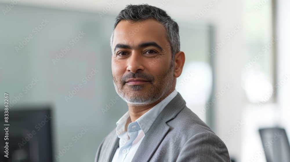 Obraz premium A man with a beard and gray hair wearing a light gray suit and a white shirt standing in an office with a window in the background.