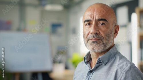 Balding man with gray beard wearing a light blue shirt standing in an office with a whiteboard and shelves in the background.