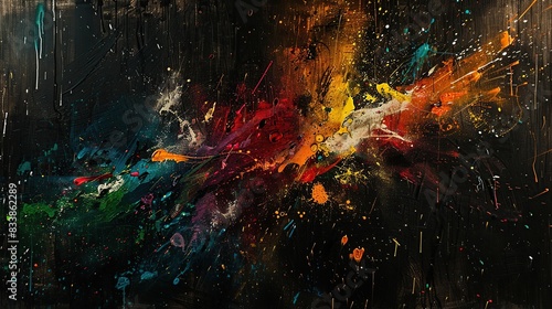 Colorful paintings with paint splashes that are abstract and have many colors on a black background photo