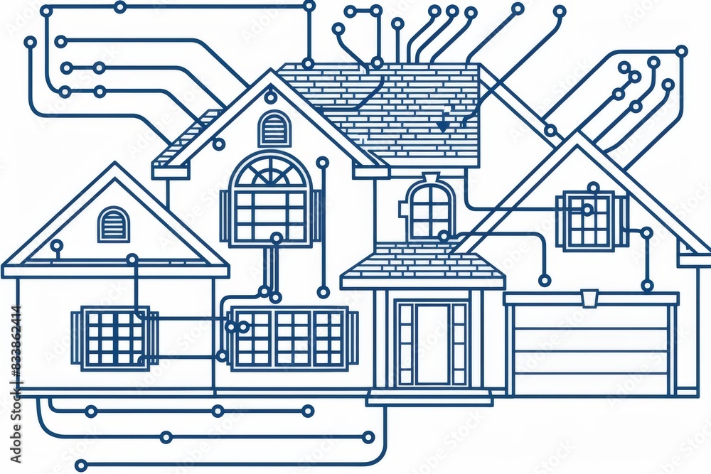 Blueprint of smart home with neural network, representing advanced home technology and AI integration