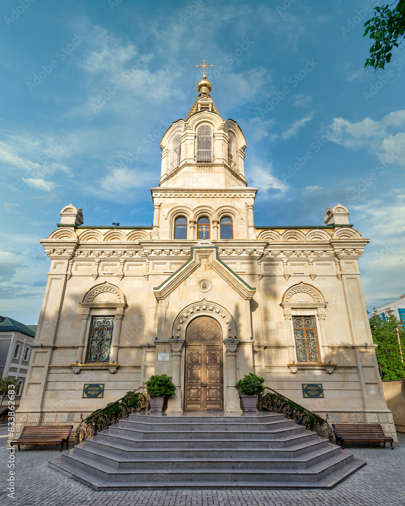 A view of the Holy Myrrhbearers Cathedral in Baku, Azerbaijan, a Russian Orthodox Church with a traditional dome and ornate facade A view of the Holy Myrrhbearers Cathedral in Baku, Azerbaijan, a Russian Orthodox Church with a traditional dome and ornate facade